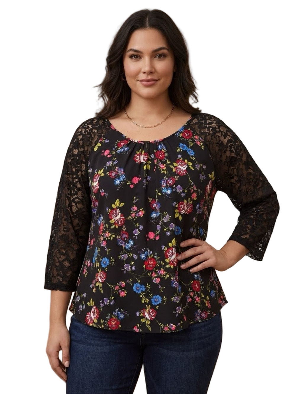 Express Lightweight Black Floral Blouse with Lace 3/4 Sleeves Size M